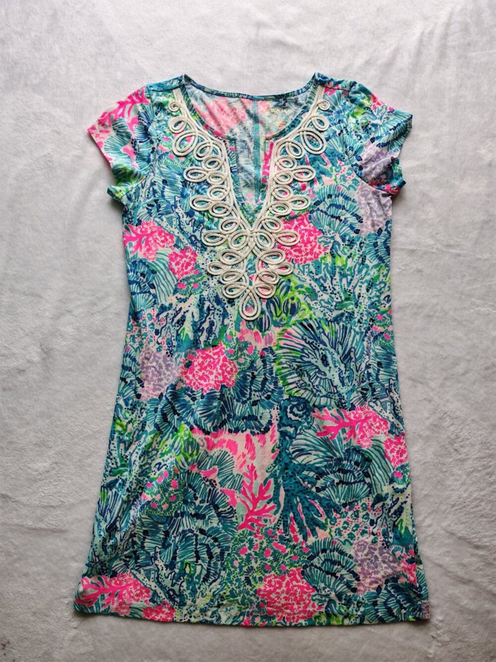 Lilly Pulitzer Pima Cotton Tunic Dress L Blue Pink Tropical Print Lace Neckline - Picture 2 of 11